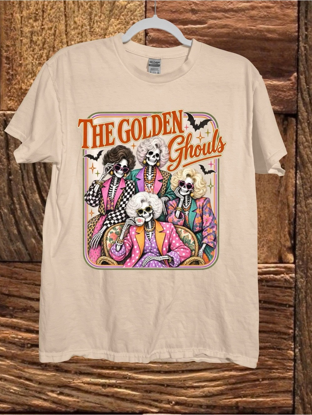 Gildan Cream 'The Golden Ghouls' Graphic T-shirt, Skeleton Ladies Halloween
